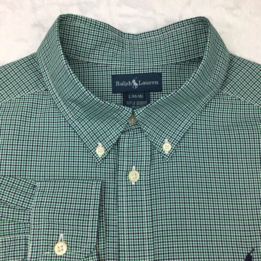 Ralph Lauren Shirt Boys Large (14-16) Green Micro-Check‎ Blue Pony